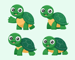 Obraz premium Adorable set of four cheerful baby green cartoon turtles and tortoises, a cute amphibian character collection featuring large friendly eyes, waving, smiling, and posing happily; flat vector illustrati