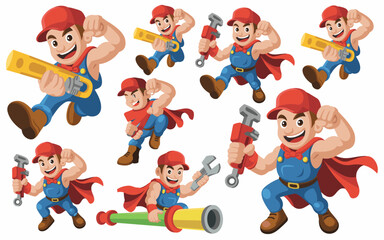 Energetic cartoon superhero construction worker or plumber tradesman flexing and running dynamically with wrench and level, showcasing fast home repair and professional maintenance services, powerful