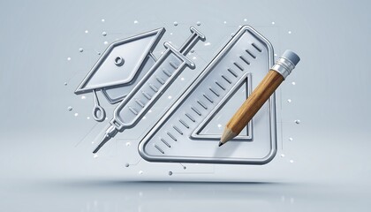 3D floating syringe icon combined with ruler and pencil on clean white background, representing a modern blend of medical and educational concepts.