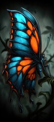 Close-up of a vibrant blue and orange butterfly with intricate wing patterns, perched on a branch in a dark, moody setting.