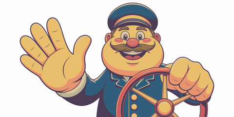 Cheerful friendly cartoon captain mascot wearing a vintage blue uniform and professional cap, smiling widely and waving hello to welcome passengers while navigating and steering a large ship wheel, a