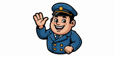 Welcoming cartoon professional service attendant character mascot illustration in a detailed blue uniform and captain hat, happily waving and giving a friendly greeting, symbolizing reliable customer