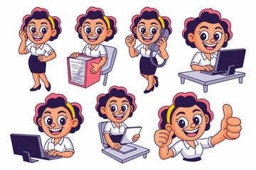 Cheerful cartoon businesswoman character set featuring diverse poses including phone conversation, typing data entry on a computer, handling files, and giving a thumbs up gesture, depicting efficient