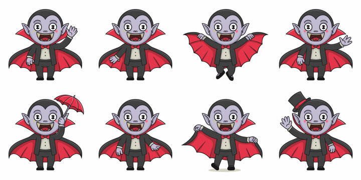 Cute chibi vampire character collection vector illustration set featuring eight different poses including waving, flying, jumping, and holding an umbrella, perfect friendly spooky mascot graphic resou