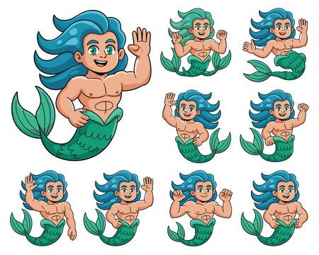 Detailed cartoon merman character illustration set showing nine different poses, including friendly waving, strong confident flexing, and joyful greeting, featuring a handsome muscular male with flowi