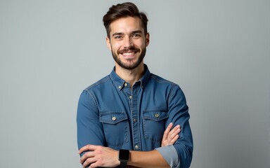Young handsome business man dressed in casual denim shirt with smartwatch on wrist, isolated on gray background. High quality