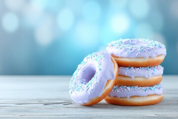 Delicious Donuts Stacked on Wooden Table.