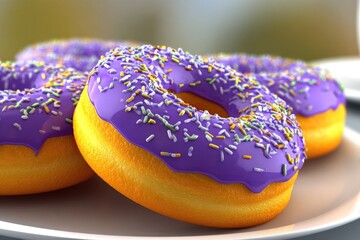 Delicious Purple Frosted Donuts with Sprinkles on a Plate.