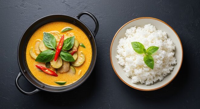 Aromatic and spicy coconut milk based Thai curry dish, showcasing fresh herbs and vegetables, ready to be enjoyed as a main course meal ,lunch ,jasmine rice ,soup