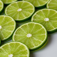 Close up of bright green lime slices arranged neatly on a plain surface showing the pulp and juicy texture ,refreshment ,summer drink ,cocktail