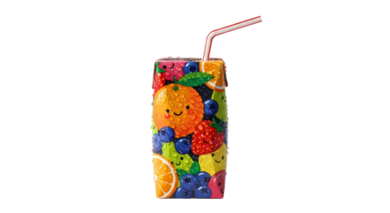 Kids healthy fruit juice box illustration with straw and smiling character design. isolated PNG with Transparent Background