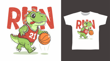 Dinosaur run play basketball illustration hand drawn, vector ready for print on t-shirt and other uses.