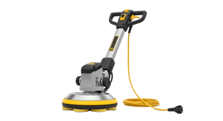 Professional industrial floor polishing machine with yellow cord isolated on white background