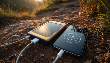 Solar powered phone charging on a hiking trail Ecofriendly portable power for outdoor adventures and sustainable travel.