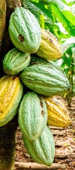 Fresh Green and Yellow Cocoa Pods on a Cacao Tree.