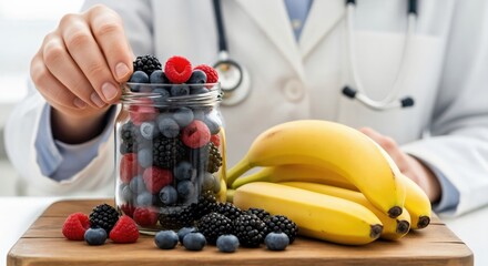 Healthcare professional in a white lab coat with a stethoscope presenting a jar of fresh mixed berries and ripe bananas on a wooden board, promoting healthy eating and nutrition.