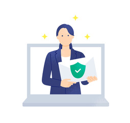 情報漏洩を防ぐ 緑の盾とチェックマーク 安全なメールを届ける女性のイラスト素材