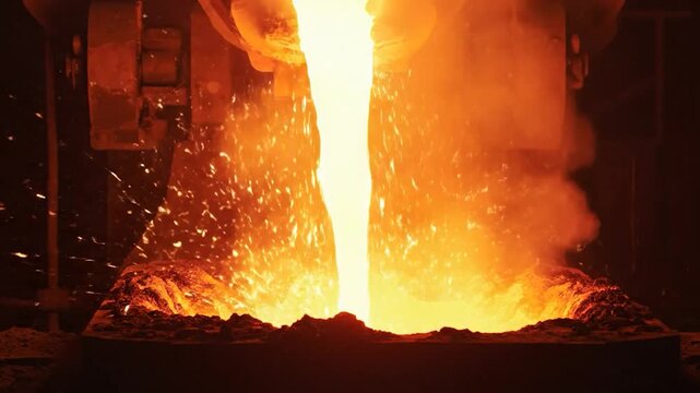 Molten metal pouring industrial process manufacturing foundry production hot liquid