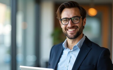 Professional businessman wearing glasses holding a tablet, smiling nicely, business concept. High quality