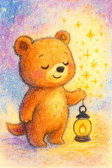 Cute Bear Cub with Lantern Under Glowing Stars &ndash; Whimsical, Peaceful, Dreamy Handdrawn Illustration for Nursery Art, Greeting Cards, Invitations, and Storybook Fantasy Scenes