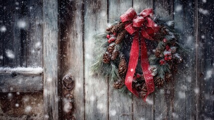 Festive Christmas Wreath Hanging on Rustic Wooden Door with Snow Falling