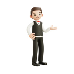 Cartoon waiter welcoming guests with a polite gesture, representing hospitality, customer service, restaurant professionalism, friendly staff, dining experience, and service industry illustration.
