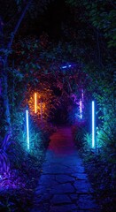 Obraz premium Eerie and vibrant psychedelic garden scene at night illuminated by glowing neon lights, futuristic ultraviolet decorations, and dense foliage ,glowing ,intense ,futuristic