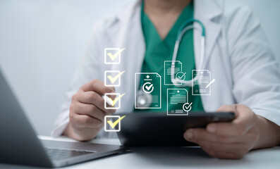 Healthcare professional managing digital checklist and medical documents, highlighting efficient workflow organization technology driven task verification and improved clinical documentation processes