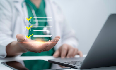 Healthcare professional presenting digital checklists and task management elements, emphasizing modern medical workflow efficiency technology driven organization and improved clinical process control