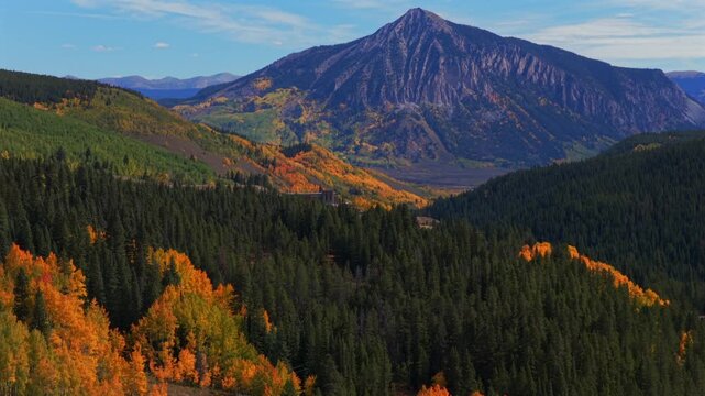 Kebler Pass Crested Butte ski resort town drone aerial Mount Crested Butte Colorado autumn fall Elk Range Rocky Mountains quaking colorful Aspen Trees blue skies clouds Coal Creek forward pan up
