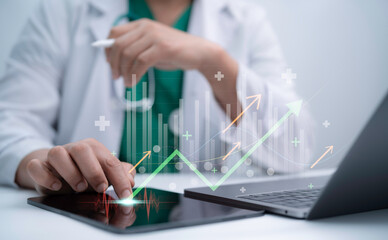 Healthcare professional reviewing digital medical data with upward charts and key performance indicators, emphasizing technology driven health analytics and modern clinical decision support