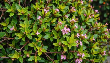 Dense, thorny bush with vibrant green leaves and small pink flowers,  leaves,  colorful