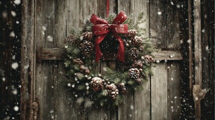 Festive Christmas Wreath Hanging on Wooden Door with Snow Falling in Winter Scene