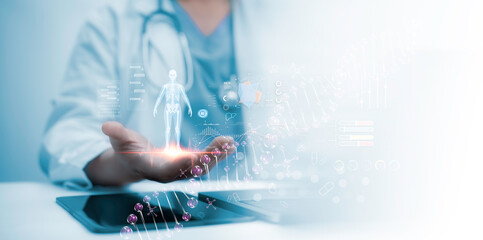Healthcare professional presenting a human body hologram with AI driven medical data, emphasizing advanced health analytics precision diagnostics and modern clinical technology