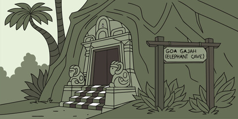 Stylized Cartoon Illustration of Goa Gajah Elephant Cave Entrance in Bali Indonesia