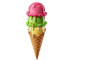 Delicious triple scoop ice cream cone melting with colorful flavors, sweet summer dessert food. isolated PNG with Transparent Background