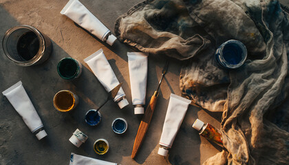 Artistic Paint Supplies Tubes, Palette Knives, and Canvas on Textured Surface Artist's Tools and Creative Art Supplies for Painting and Design