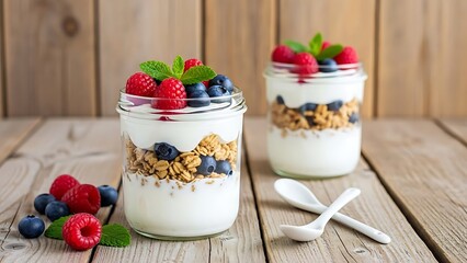 Healthy Berry Yogurt Parfait with Granola and Fresh Fruits on Rustic Wooden Table