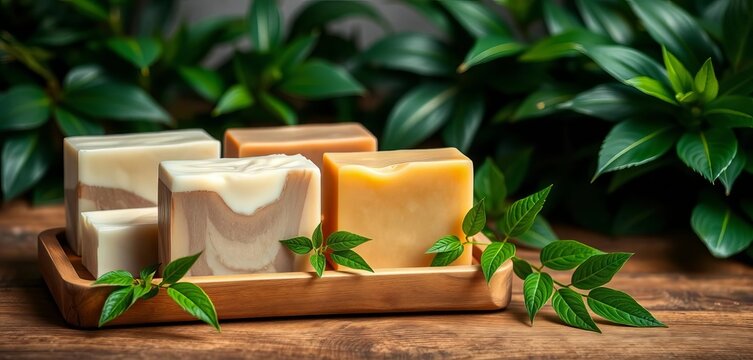 Luxurious natural soap bars arranged on wooden tray with lush greenery,  foam,  healthy - Powered by Adobe