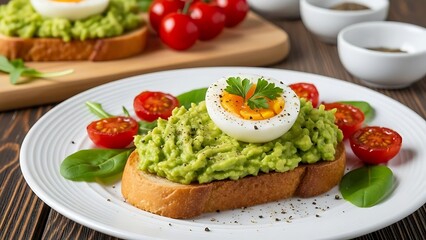 Gourmet Avocado Toast with Boiled Egg and Fresh Cherry Tomatoes for Healthy Breakfast