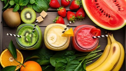 Vibrant Fruit Smoothies with Fresh Ingredients on Rustic Wooden Table, Top View