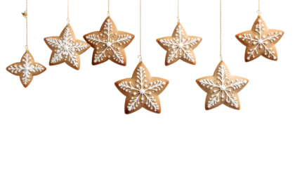 Hanging christmas gingerbread stars isolated on transparent png