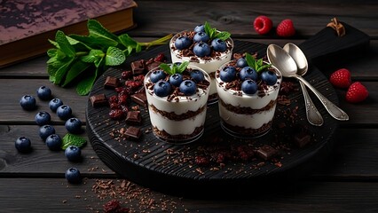 Creamy Blueberry Parfaits with Granola, Chocolate, and Mint on Dark Wood