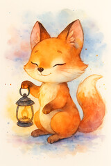 Cute Fox with Lantern Watercolor Illustration &ndash; Whimsical Woodland Animal Character, Cozy and Charming Handpainted Art for Storybook, Children's Illustration, and Greeting Cards