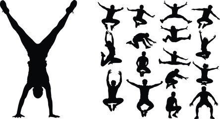 Set of black silhouettes of people jumping and doing handstands, vector illustration of active young men in motion isolated on white background.