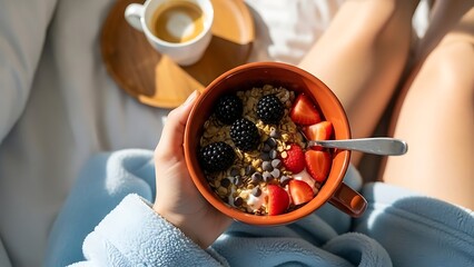 Cozy Morning Breakfast in Bed with Healthy Yogurt, Berries, and Coffee
