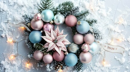 Festive Christmas Wreath with Pink Blue and Silver Ornaments and Poinsettia on Snowy Background