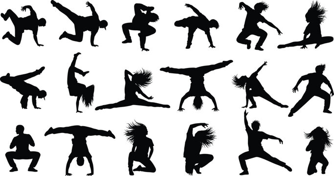 Set of black silhouettes of street dancers performing breakdance moves, young men and women dancing hip hop, vector illustration isolated on white background.