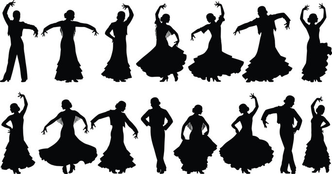 Set of black silhouettes of Spanish flamenco dancers, male and female figures performing traditional dance moves, isolated on white background for vector design.