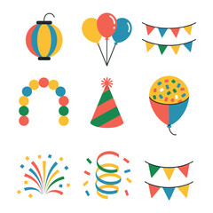 Obraz premium Birthday party celebration icons set, balloons banners confetti hats streamers festive decoration flat vector illustration for events